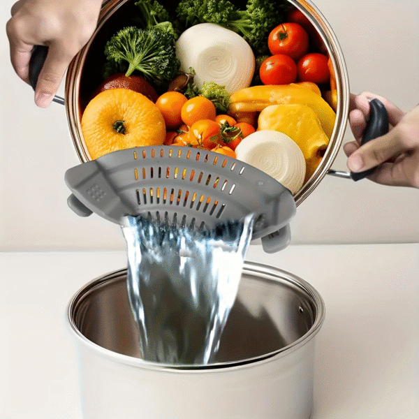 Kitchen Gizmo Snap N' Strain - Silicone Pasta Strainer Clip-On for Pots and Pans - Heat Resistant Colander for Vegetables and Noodles - Kitchen Gadgets for Home Cooking - Space-Saving Design - Gray