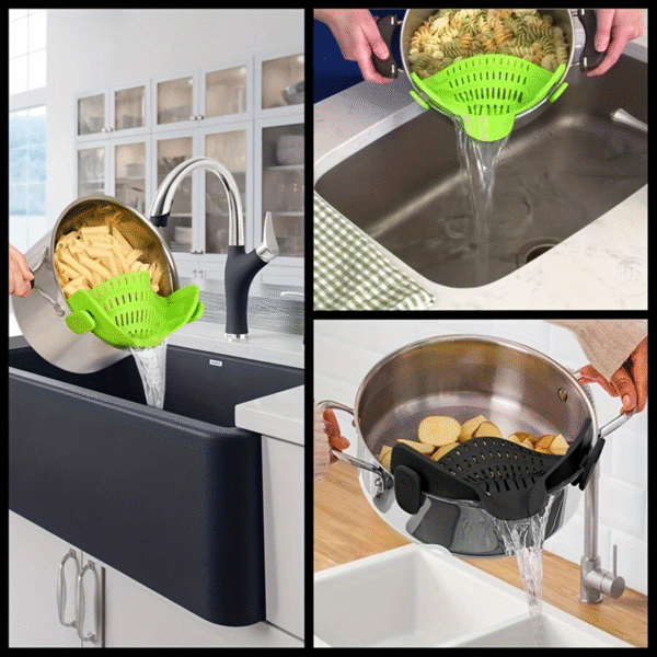 Kitchen Gizmo Snap N' Strain - Silicone Pasta Strainer Clip-On for Pots and Pans - Heat Resistant Colander for Vegetables and Noodles - Kitchen Gadgets for Home Cooking - Space-Saving Design - Gray