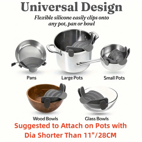 Kitchen Gizmo Snap N' Strain - Silicone Pasta Strainer Clip-On for Pots and Pans - Heat Resistant Colander for Vegetables and Noodles - Kitchen Gadgets for Home Cooking - Space-Saving Design - Gray